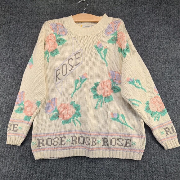 Chaus Women's Rose Pullover Knit Sweater Cream Medium Floral Crew Neck - Picture 2 of 12